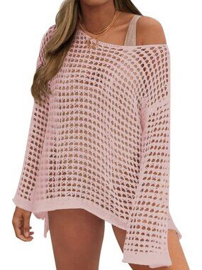Women's Pink Crochet Mesh Hollow Out Bikini Cover Ups for Swimwear Summer
